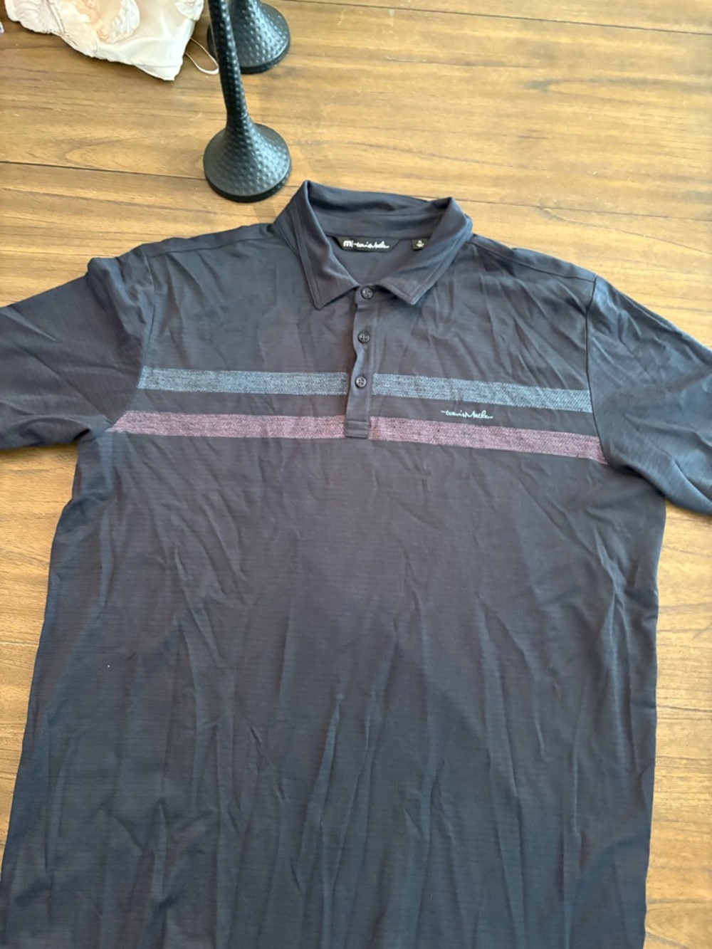 Travis Mathew Men's Black Polo with Blue and Maroon Stripes